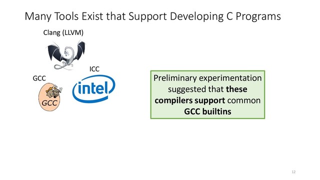 Many Tools Exist that Support Developing C Programs
Clang (LLVM)
GCC
ICC
Preliminary experimentation
suggested that these
compilers support common
GCC builtins
12
