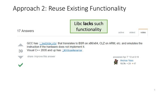 Libc lacks such
functionality
Approach 2: Reuse Existing Functionality
5
