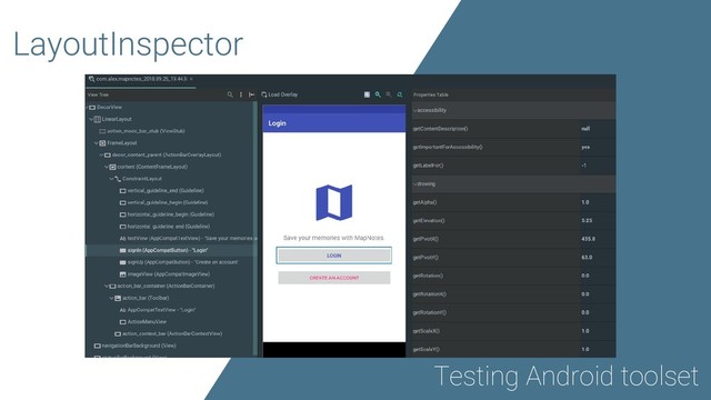 LayoutInspector
Testing Android toolset

