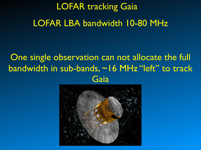 LOFAR tracking Gaia
One single observation can not allocate the full 	

bandwidth in sub-bands, ~16 MHz “left” to track
Gaia
LOFAR LBA bandwidth 10-80 MHz
