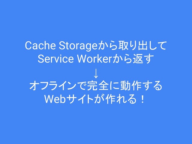 Cache Storageから取り出して
Service Workerから返す
↓
オフラインで完全に動作する
Webサイトが作れる！
