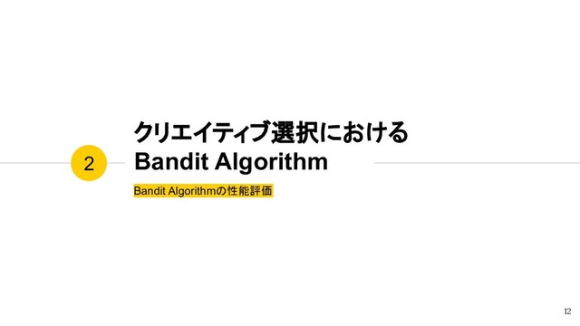 クリエイティブ選択における
Bandit Algorithm
Bandit Algorithmの性能評価
2
12
