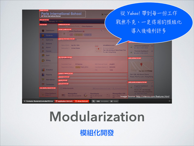 Modularization
模組化開發
㉿;CJQQㄗ┑㺰⃡⇞テ∽
㔑䐂⃮␬珮⃡⹻㉸䠉䥥㴂倥甙
瞪⑆砒櫧┊崒⯻
Image Source: http://intersis.com/features.html
