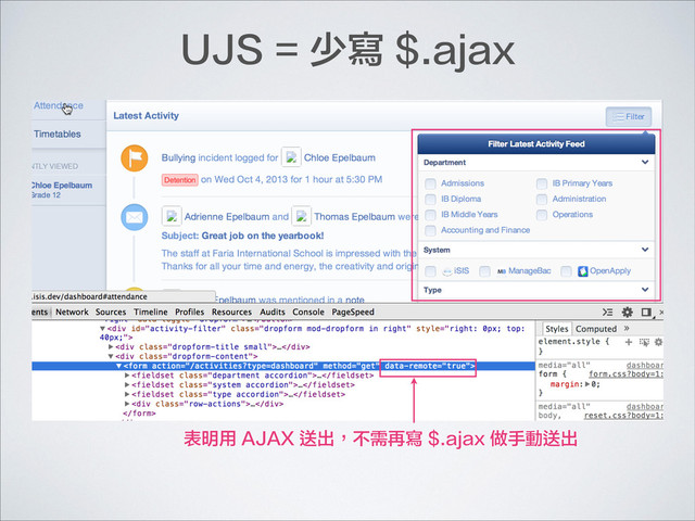 表明用 AJAX 送出，不需再寫 $.ajax 做手動送出
UJS = 少寫 $.ajax
