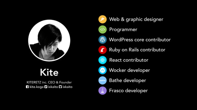 Kite
KITERETZ inc. CEO & Founder
kite.koga ixkaito ixkaito
Web & graphic designer
Programmer
WordPress core contributor
Ruby on Rails contributor
React contributor
Wocker developer
Bathe developer
Frasco developer
