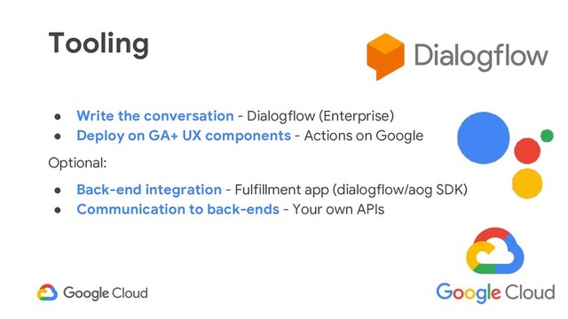 24
● Write the conversation - Dialogflow (Enterprise)
● Deploy on GA+ UX components - Actions on Google
Optional:
● Back-end integration - Fulfillment app (dialogflow/aog SDK)
● Communication to back-ends - Your own APIs
Tooling
