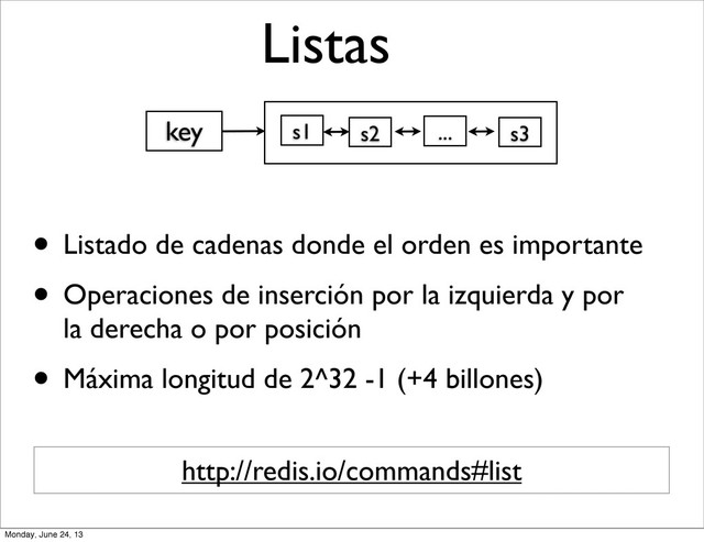 Listas
• Listado de cadenas donde el orden es importante
• Operaciones de inserción por la izquierda y por
la derecha o por posición
• Máxima longitud de 2^32 -1 (+4 billones)
key s2
s1 s3
...
http://redis.io/commands#list
Monday, June 24, 13
