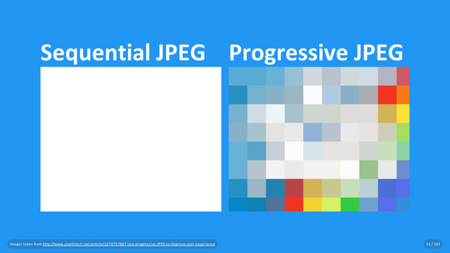 Sequential JPEG Progressive JPEG
Images taken from http://www.pixelstech.net/article/1374757887-Use-progressive-JPEG-to-improve-user-experience 31 / 103
