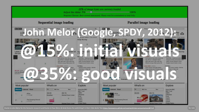 John Melor (Google, SPDY, 2012):
@15%: initial visuals
@35%: good visuals
thanks to John Melor for this fantastic research and thanks to Yoav Weiss & Andy Davies for publishing it in their slide decks! See https://yoavweiss.github.io/respimg-blinkon-presentation/#/71/2 78 / 103
