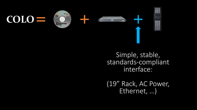 +
=
COLO
+
Simple, stable,
standards-compliant
interface:
(19” Rack, AC Power,
Ethernet, …)
