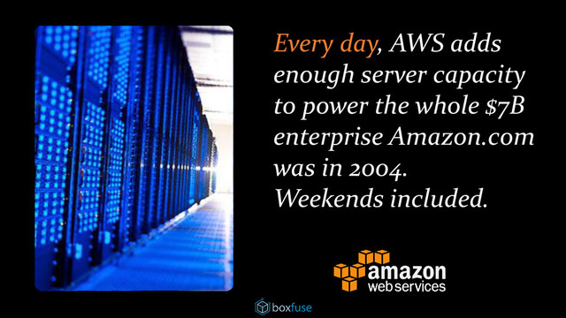 Every day, AWS adds
enough server capacity
to power the whole $7B
enterprise Amazon.com
was in 2004.
Weekends included.
