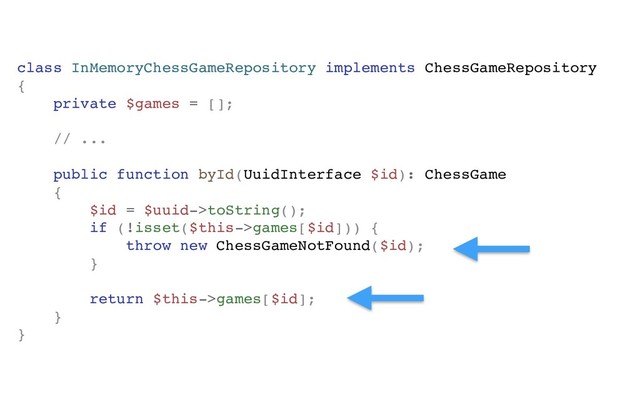class InMemoryChessGameRepository implements ChessGameRepository
{
private $games = [];
// ...
public function byId(UuidInterface $id): ChessGame
{
$id = $uuid->toString();
if (!isset($this->games[$id])) {
throw new ChessGameNotFound($id);
}
return $this->games[$id];
}
}
