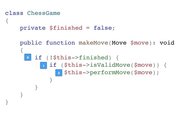 class ChessGame
{
private $finished = false;
public function makeMove(Move $move): void
{
if (!$this->finished) {
if ($this->isValidMove($move)) {
$this->performMove($move);
}
}
}
}
0
1
2
