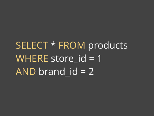 SELECT * FROM products
WHERE store_id = 1
AND brand_id = 2
