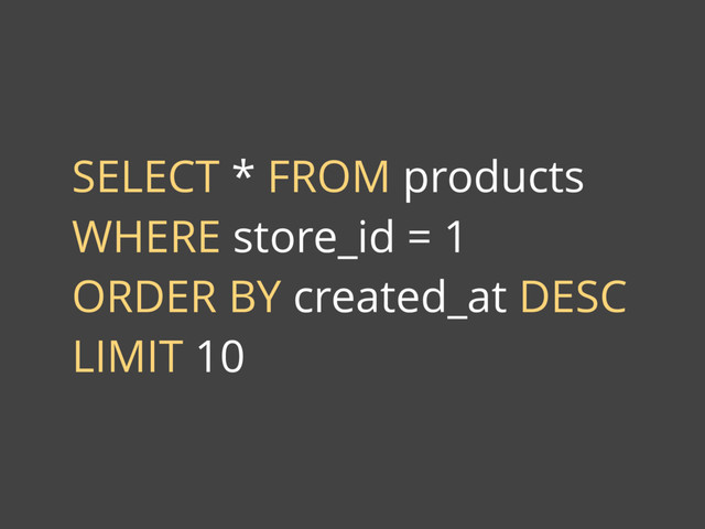 SELECT * FROM products
WHERE store_id = 1
ORDER BY created_at DESC
LIMIT 10
