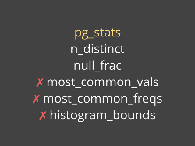 pg_stats
n_distinct
null_frac
✗ most_common_vals
✗ most_common_freqs
✗ histogram_bounds
