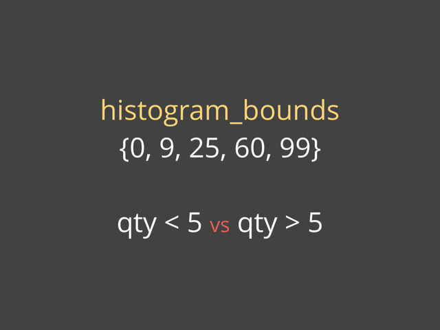 histogram_bounds
{0, 9, 25, 60, 99}
qty < 5 vs qty > 5
