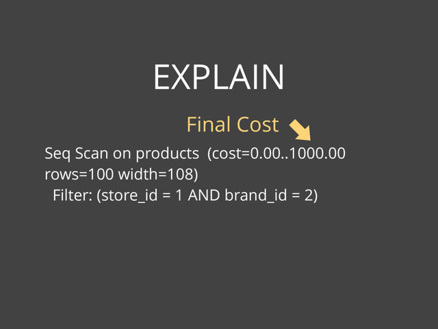 EXPLAIN
Seq Scan on products (cost=0.00..1000.00
rows=100 width=108)
Filter: (store_id = 1 AND brand_id = 2)
Final Cost
