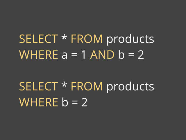 SELECT * FROM products
WHERE a = 1 AND b = 2
SELECT * FROM products
WHERE b = 2
