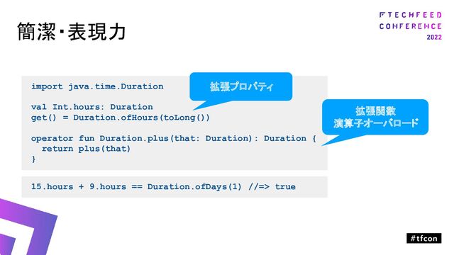 簡潔・表現力
import java.time.Duration
val Int.hours: Duration
get() = Duration.ofHours(toLong())
operator fun Duration.plus(that: Duration): Duration {
return plus(that)
}
15.hours + 9.hours == Duration.ofDays(1) //=> true
拡張プロパティ
拡張関数
演算子オーバロード
