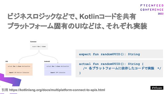 ビジネスロジックなどで、Kotlinコードを共有
プラットフォーム固有のUIなどは、それぞれ実装
引用 https://kotlinlang.org/docs/multiplatform-connect-to-apis.html
expect fun randomUUID(): String
actual fun randomUUID(): String {
/* 各プラットフォームに依存したコードで実装 */
}
