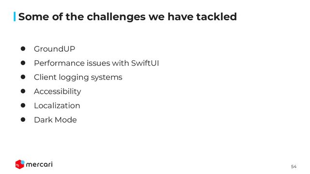 54
Some of the challenges we have tackled
● GroundUP
● Performance issues with SwiftUI
● Client logging systems
● Accessibility
● Localization
● Dark Mode
