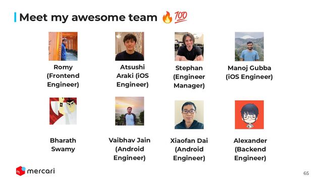 65
Meet my awesome team 🔥💯
Bharath
Swamy
Xiaofan Dai
(Android
Engineer)
Manoj Gubba
(iOS Engineer)
Stephan
(Engineer
Manager)
Atsushi
Araki (iOS
Engineer)
Vaibhav Jain
(Android
Engineer)
Romy
(Frontend
Engineer)
Alexander
(Backend
Engineer)
