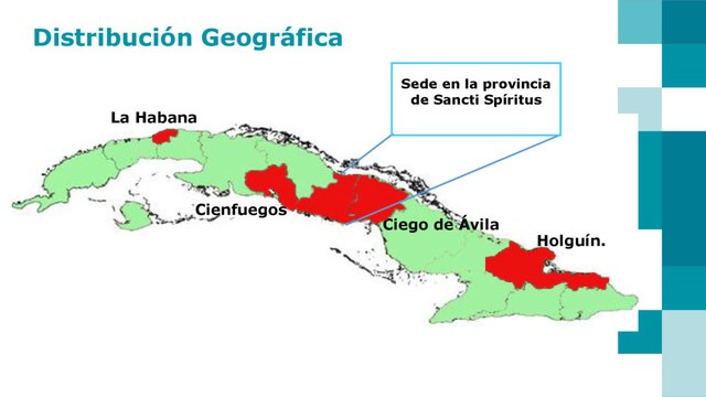 Distribución Geográfica
Holguín.
Ciego de Ávila
La Habana
Cienfuegos
Sede en la provincia
de Sancti Spíritus
