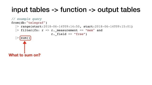 input tables -> function -> output tables
What to sum on?
// example query
from(db:"telegraf")
|> range(start:2018-06-14T09:14:50, start:2018-06-14T09:15:01)
|> filter(fn: r => r._measurement == “mem" and
r._field == “free”)
|> sum()
