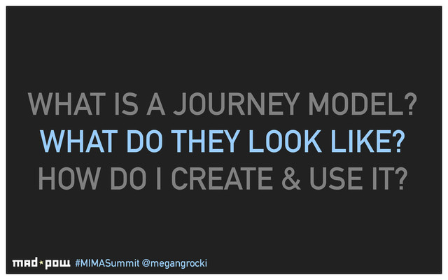#MIMASummit @megangrocki
WHAT IS A JOURNEY MODEL?
WHAT DO THEY LOOK LIKE?
HOW DO I CREATE & USE IT?
