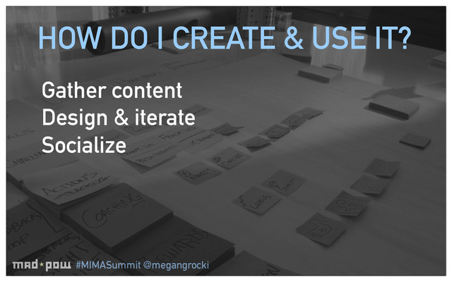 #MIMASummit @megangrocki
HOW DO I CREATE & USE IT?
Gather content
Design & iterate
Socialize
