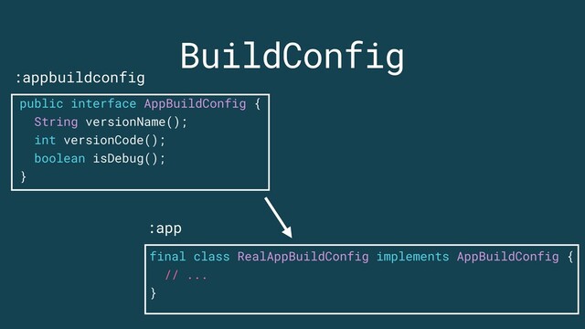 BuildConfig
final class RealAppBuildConfig implements AppBuildConfig {
// ...
}
public interface AppBuildConfig {
String versionName();
int versionCode();
boolean isDebug();
}
:appbuildconfig
:app
