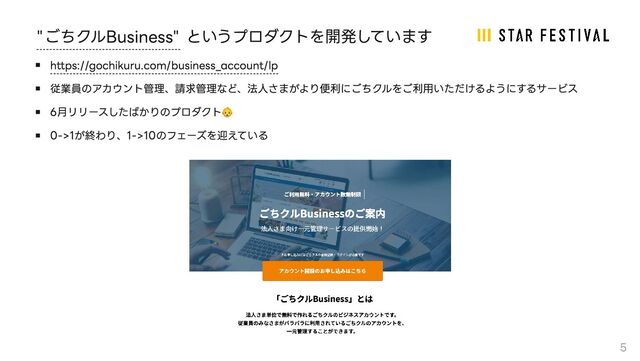 5
"ごちクルBusiness" というプロダクトを開発しています
https://gochikuru.com/business_account/lp
従業員のアカウント管理、請求管理など、法人さまがより便利にごちクルをご利用いただけるようにするサービス
6月リリースしたばかりのプロダクト👶
0->1が終わり、1->10のフェーズを迎えている
