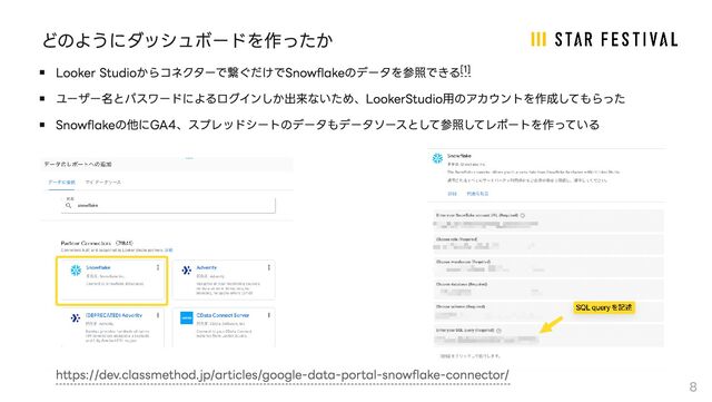 8
どのようにダッシュボードを作ったか
Looker Studioからコネクターで繋ぐだけでSnowflakeのデータを参照できる
ユーザー名とパスワードによるログインしか出来ないため、LookerStudio用のアカウントを作成してもらった
Snowflakeの他にGA4、スプレッドシートのデータもデータソースとして参照してレポートを作っている
[1]
https://dev.classmethod.jp/articles/google-data-portal-snowflake-connector/
