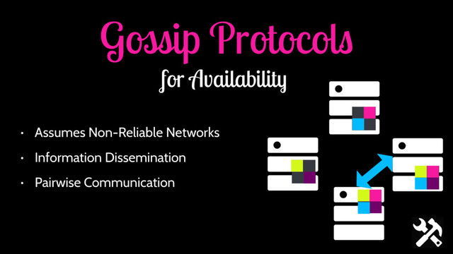 Gossip Protocols
for Availability
• Assumes Non-Reliable Networks
• Information Dissemination
• Pairwise Communication
