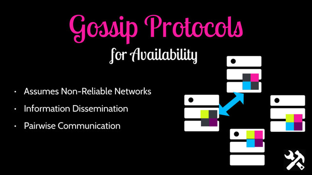 Gossip Protocols
for Availability
• Assumes Non-Reliable Networks
• Information Dissemination
• Pairwise Communication
