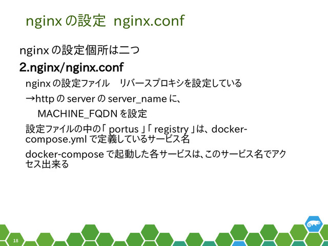 18
nginx の設定 nginx.conf
nginx の設定個所は二つ
2.nginx/nginx.conf
nginx の設定ファイル　リバースプロキシを設定している
→http の server の server_name に、
　 MACHINE_FQDN を設定
設定ファイルの中の「 portus 」「 registry 」は、 docker-
compose.yml で定義しているサービス名
docker-compose で起動した各サービスは、このサービス名でアク
セス出来る
