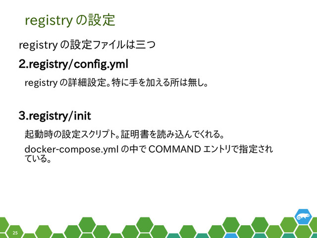 25
registry の設定
registry の設定ファイルは三つ
2.registry/config.yml
registry の詳細設定。特に手を加える所は無し。
3.registry/init
起動時の設定スクリプト。証明書を読み込んでくれる。
docker-compose.yml の中で COMMAND エントリで指定され
ている。
