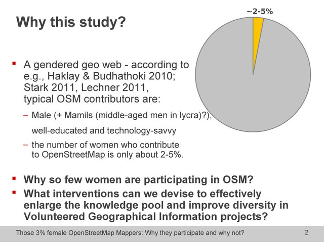Those 3% female OpenStreetMap Mappers: Why they participate and why not? 2
Why this study?
 A gendered geo web - according to
e.g., Haklay & Budhathoki 2010;
Stark 2011, Lechner 2011,
typical OSM contributors are:
− Male (+ Mamils (middle-aged men in lycra)?),
well-educated and technology-savvy
− the number of women who contribute
to OpenStreetMap is only about 2-5%.
 Why so few women are participating in OSM?
 What interventions can we devise to effectively
enlarge the knowledge pool and improve diversity in
Volunteered Geographical Information projects?
~2-5%
