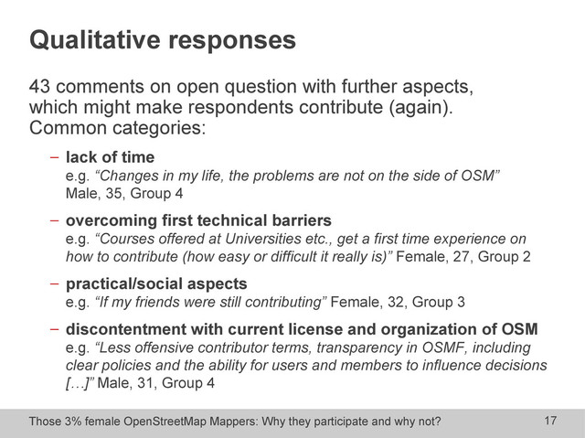 Those 3% female OpenStreetMap Mappers: Why they participate and why not? 17
Qualitative responses
43 comments on open question with further aspects,
which might make respondents contribute (again).
Common categories:
− lack of time
e.g. “Changes in my life, the problems are not on the side of OSM”
Male, 35, Group 4
− overcoming first technical barriers
e.g. “Courses offered at Universities etc., get a first time experience on
how to contribute (how easy or difficult it really is)” Female, 27, Group 2
− practical/social aspects
e.g. “If my friends were still contributing” Female, 32, Group 3
− discontentment with current license and organization of OSM
e.g. “Less offensive contributor terms, transparency in OSMF, including
clear policies and the ability for users and members to influence decisions
[…]” Male, 31, Group 4
