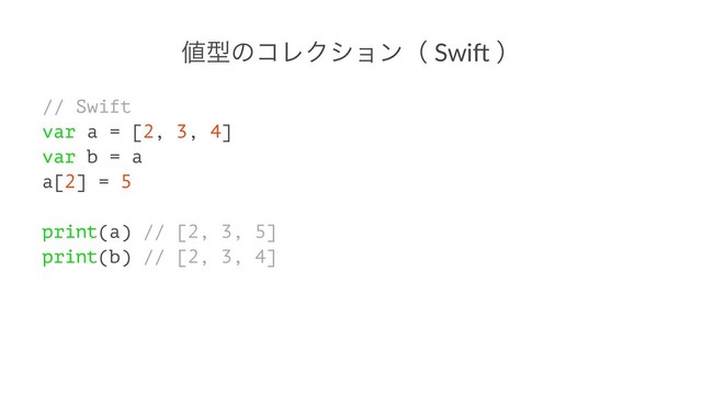 ஋ܕͷίϨΫγϣϯʢ Swi% ʣ
// Swift
var a = [2, 3, 4]
var b = a
a[2] = 5
print(a) // [2, 3, 5]
print(b) // [2, 3, 4]
