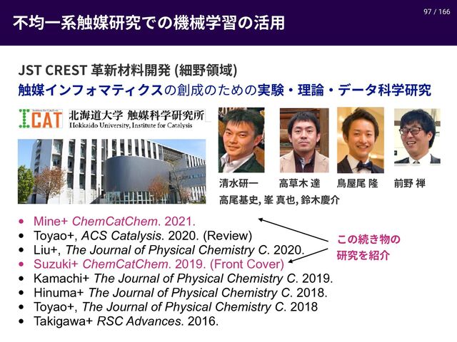 / 166
♶㖱♧禸鍗㯭灇瑔דך堣唒㷕统ך崞欽 97
• Mine+ ChemCatChem. 2021.
• Toyao+, ACS Catalysis. 2020. (Review)
• Liu+, The Journal of Physical Chemistry C. 2020.
• Suzuki+ ChemCatChem. 2019. (Front Cover)
• Kamachi+ The Journal of Physical Chemistry C. 2019.
• Hinuma+ The Journal of Physical Chemistry C. 2018.
• Toyao+, The Journal of Physical Chemistry C. 2018
• Takigawa+ RSC Advances. 2016.
+45$3&45ꬠ倜勞俱Ꟛ涪 稢ꅿ걄㚖

鍗㯭؎ٝؿؓوذ؍ؙأךⶼ䧭ך׋׭ך㹋꿀٥椚锷٥ر٦ة猰㷕灇瑔
幠宏灇♧ 넝虊加麦 둷㾊㽵ꥐ ⵸ꅿ犣
넝㽵㛇〷䂹溪⛲ꈿ加䣒➜
ֿך竲ֹ暟ך
灇瑔׾稱➜
