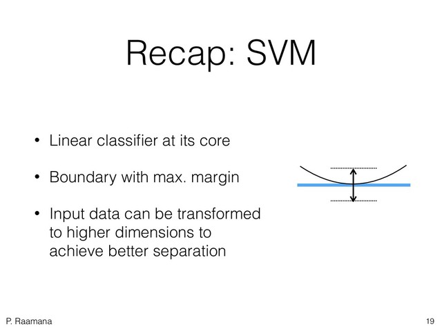 P. Raamana
Recap: SVM
• Linear classiﬁer at its core
• Boundary with max. margin
• Input data can be transformed
to higher dimensions to
achieve better separation
19
