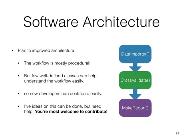 Software Architecture
• Plan to improved architecture
• The workﬂow is mostly procedural!
• But few well-deﬁned classes can help
understand the workﬂow easily.
• so new developers can contribute easily.
• I’ve ideas on this can be done, but need
help. You’re most welcome to contribute!
74
DataImporter()
CrossValidate()
MakeReport()
