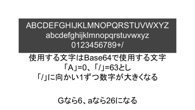ABCDEFGHIJKLMNOPQRSTUVWXYZ
abcdefghijklmnopqrstuvwxyz
0123456789+/
使用する文字はBase64で使用する文字
「A」=0、 「/」=63とし
「/」に向かい1ずつ数字が大きくなる
Gなら6、aなら26になる
