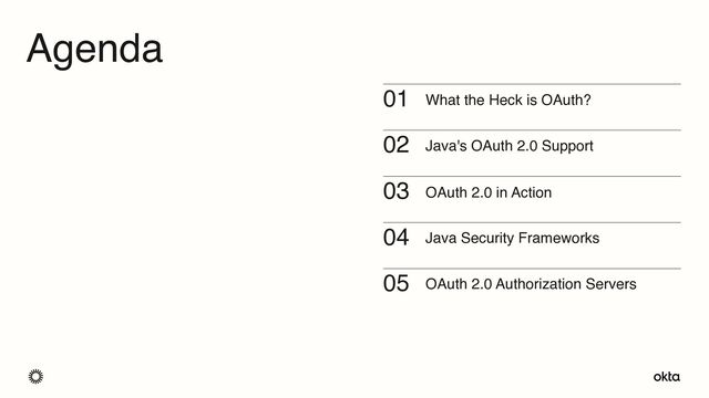 01
02
03
04
What the Heck is OAuth?
Java's OAuth 2.0 Support
OAuth 2.0 in Action
Java Security Frameworks
05 OAuth 2.0 Authorization Servers
Agenda
