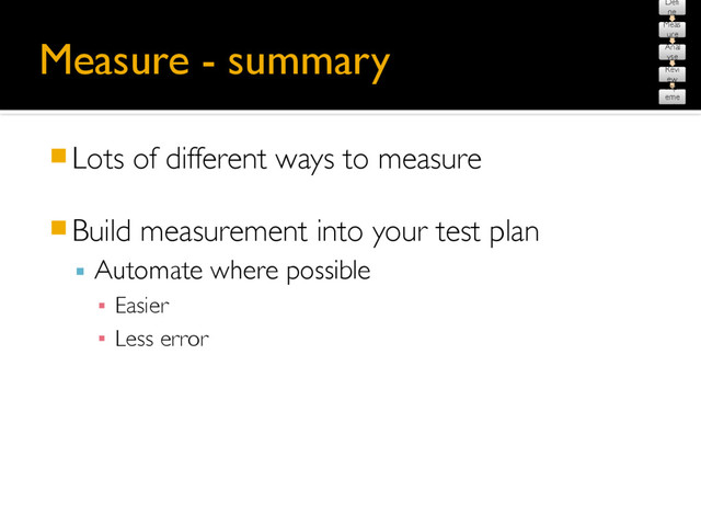 Measure - summary
䡧Lots of different ways to measure
䡧Build measurement into your test plan
▪ Automate where possible
▪ Easier
▪ Less error
Defi
ne
Meas
ure
Anal
yse
Revi
ew
Impl
eme
nt
