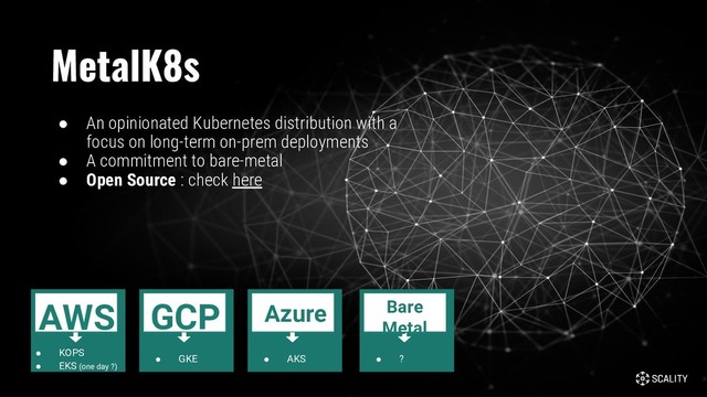 ● An opinionated Kubernetes distribution with a
focus on long-term on-prem deployments
● A commitment to bare-metal
● Open Source : check here
MetalK8s
● KOPS
● EKS (one day ?)
AWS
● GKE
GCP
● AKS
Azure
● ?
Bare
Metal
