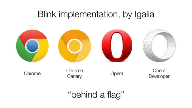 Blink implementation, by Igalia
Chrome
Chrome
Canary
Opera
Opera
Developer
“behind a ﬂag”
