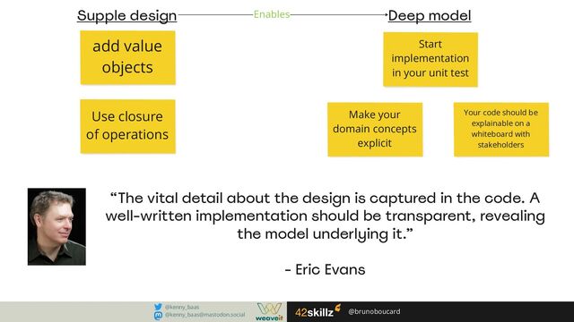 @brunoboucard
“The vital detail about the design is captured in the code. A
well-​
written implementation should be transparent, revealing
the model underlying it.”
- Eric Evans
add value
objects
Use closure
of operations
Start
implementation
in your unit test
Make your
domain concepts
explicit
Supple design Deep model
Your code should be
explainable on a
whiteboard with
stakeholders
@kenny_baas
@kenny_baas@mastodon.social
Enables
